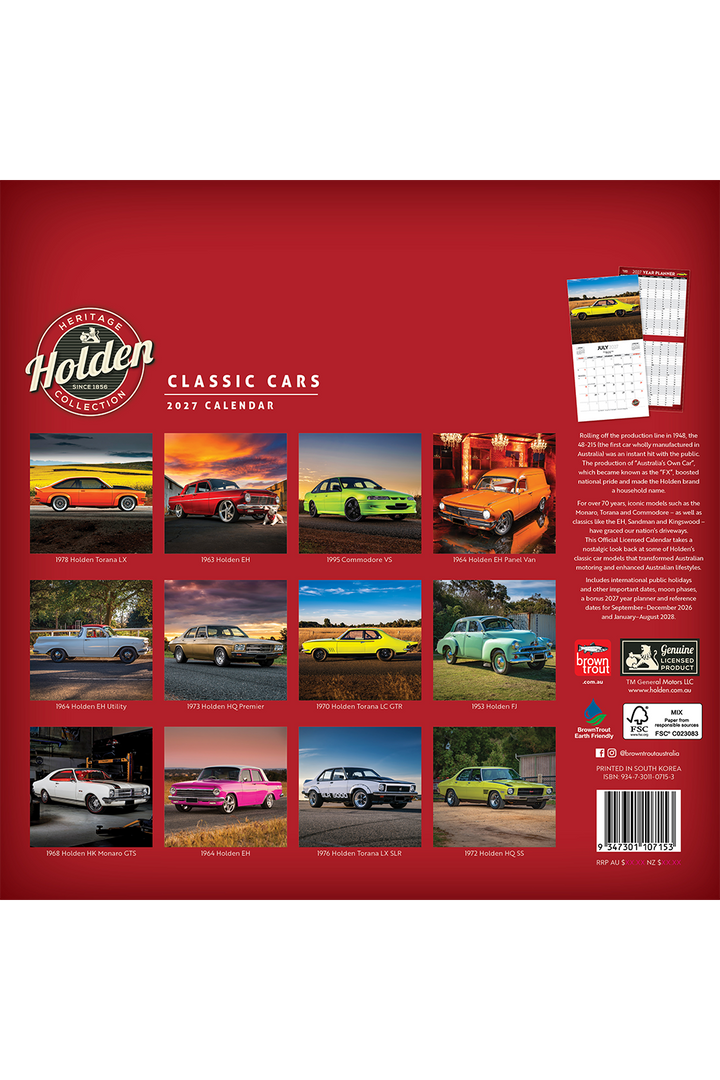 Classic Holden Cars 2027 Square Wall Calendar
